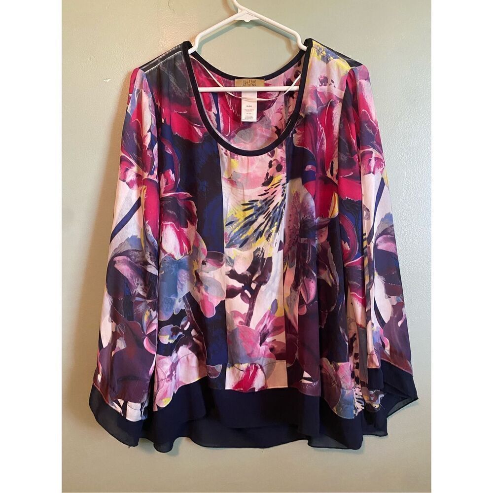 Valerie Stevens Floral Scoop Neck Chiffon Type Long Sleeve Top Size XL NWOT